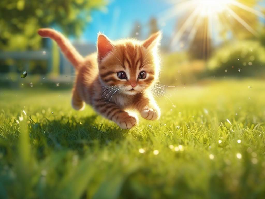 A mischievous little cat is jumping on the grass in the bright sunshine