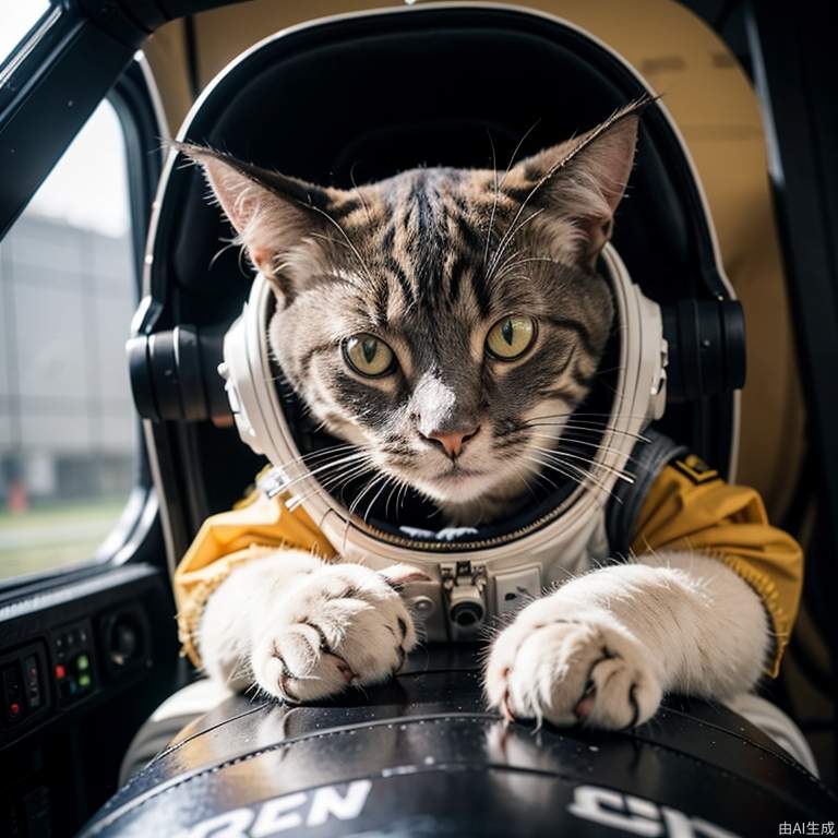 隐形战斗机驾驶舱内一只穿着宇航服的猫。