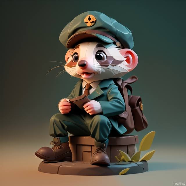 isometric view，A charming photo of a small anthropomorphic ferret. He is wearing a newsboy cap and has a very long torso,masterpiece, ultra-quality, hyperrealistic, RAW photo, highly detailed, 4k, medium shot, cinematic photography, natural texture, action shot,  natural light