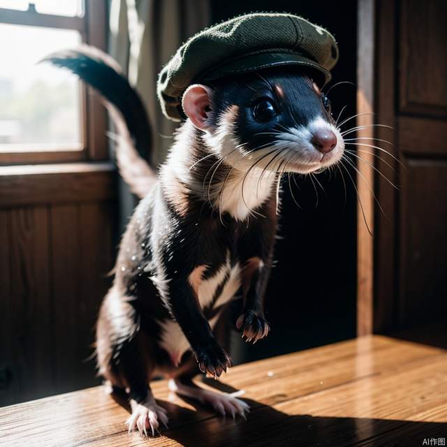 A charming photo of a small anthropomorphic ferret. He is wearing a newsboy cap and has a very long torso,masterpiece, ultra-quality, hyperrealistic, RAW photo, highly detailed, 4k, medium shot, cinematic photography, natural texture, action shot, XF IQ4, 150MP, 50mm, ISO 1000, 1/250s, natural light