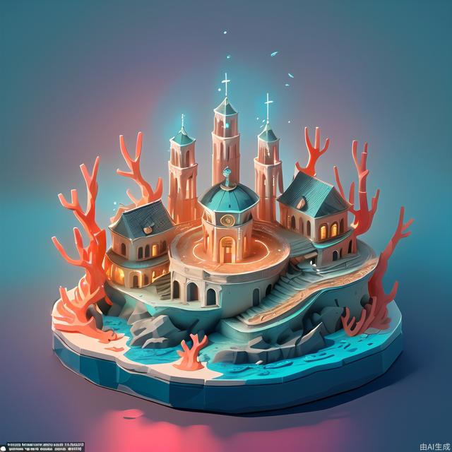 isometric view，Underwater city: Pictures show a fantasy city under the sea
Architectural style: The building in the picture has arches and domes, ornate in shape and made of stone,Coral and marine life: The building in the picture is covered in coral and other marine plants, surrounded by fish and other marine animals
Light effect: The city in the picture is illuminated by warm golden light, the light penetrates through the windows and arches, the background is a dark blue ocean, and the sun is shooting down from the water