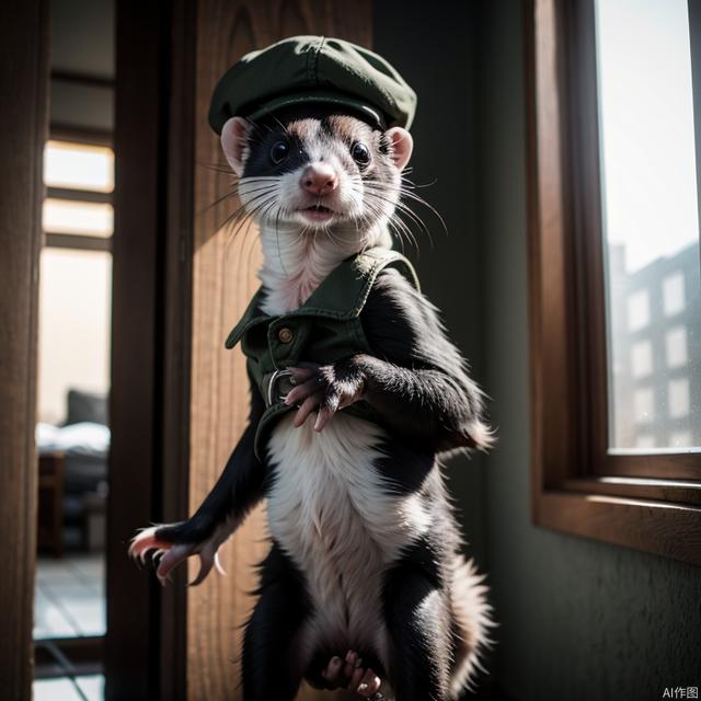 A charming photo of a small anthropomorphic ferret. He is wearing a newsboy cap and has a very long torso,masterpiece, ultra-quality, hyperrealistic, RAW photo, highly detailed, 4k, medium shot, cinematic photography, natural texture, action shot, XF IQ4, 150MP, 50mm, ISO 1000, 1/250s, natural light