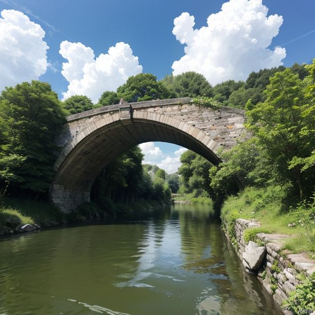 True photo, a single arched stone bridge is erected on the river in summer, with vegetation on both sides. The river surface is calm and clear, with blue sky and white clouds