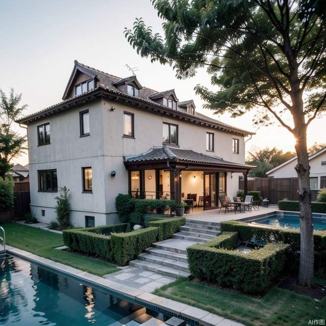 masterpieces, architecture, building, day,house, outdoors,best quality ,Detached house,The house is lined with trees,villa,swimming pool,staircase, cars ,Glass facades,Realistic lighting,Extreme lighting，sunset,