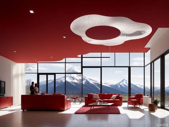 (best quality, 4K, architectural photography, masterpiece: 1.2), (realistic: 1.4), indoor, (installation art), a group of people standing in front of floor-to-ceiling windows, distant snow mountain scenery, bold use of light, light red and white, wavy resin board, silhouette lighting, artistic arrangement of greening