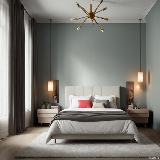 masterpiece,best quality,((best quality)),((masterpiece)),((realistic)),inverted colors,bedroom,Modern minimalist Nordic style,Soft light,Pure picture,(Bright colors:1.2),Symmetrical composition