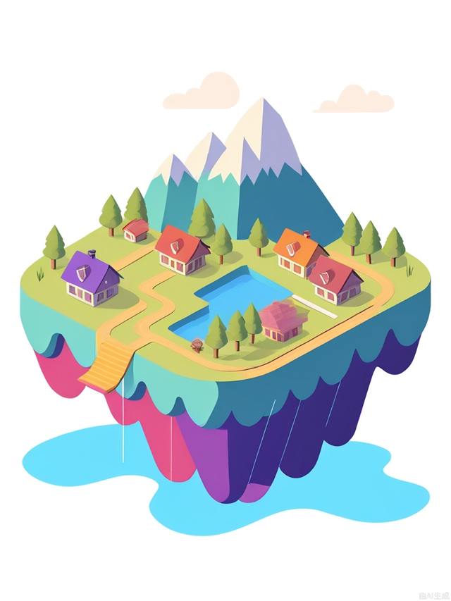 an artwork, A floating valley with a town above it, car, house, trees, Isometric,in the style of 2d game art,colorful,illustrations,