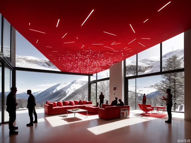 (best quality, 4K, architectural photography, masterpiece: 1.2), (realistic: 1.4), indoor, (installation art), a group of people standing in front of floor-to-ceiling windows, distant snow mountain scenery, bold use of light, light red and white, wavy resin board, silhouette lighting, artistic arrangement of greening