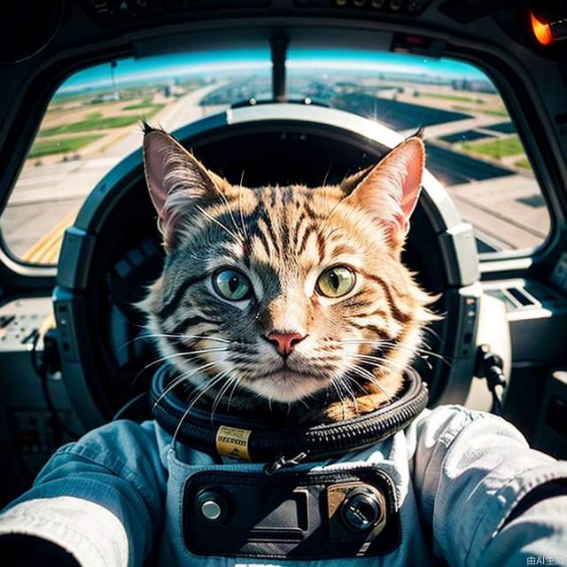 A cat in a spacesuit taken inside the cockpit of a stealth fighter jet. (smiling:0.9)