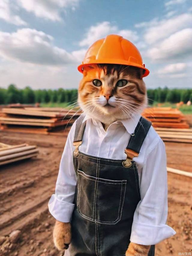 clouds,a cat,smooth,sharp focus,the most beautiful image ever seen,8k 4k sharp,ambient lighting,wallpaper,(work:1.3),solo,Holding tools in hand, pastoral, (hard hat:1.2), In thework site,building construction,Cheerfulness, realistic color palette,flat color,light smile, shotadom, orange