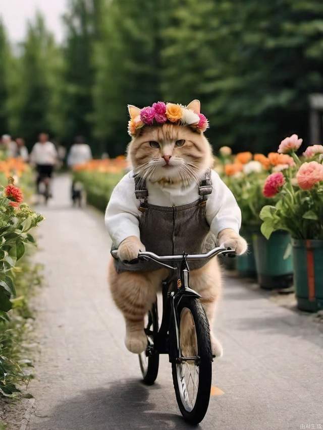 Little cat, wearing flowers on her head, riding a bicycle, smiling, side view, 8K high-definition