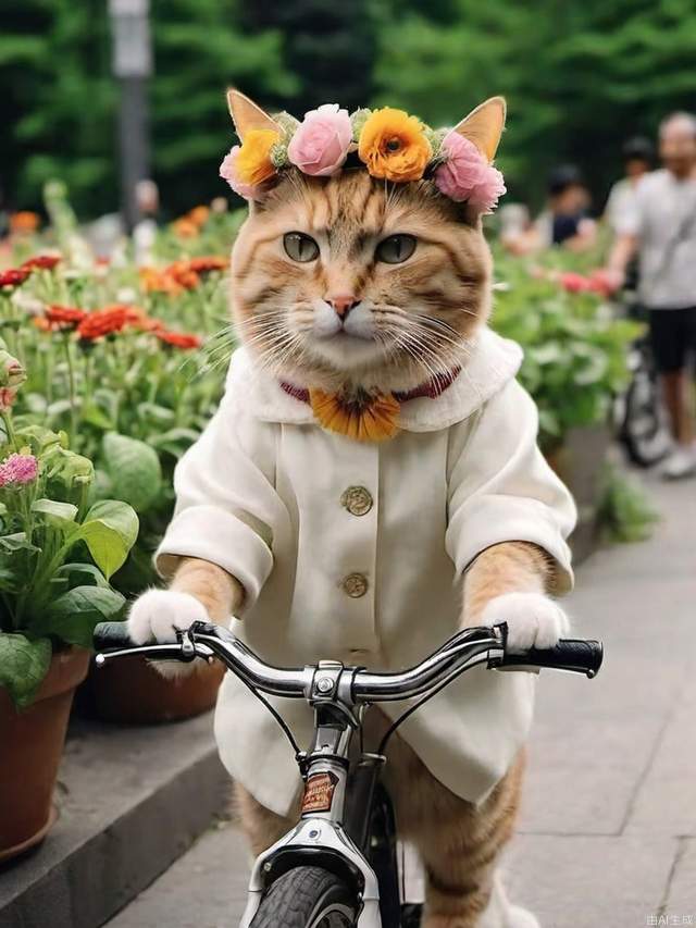 Little cat, wearing flowers on her head, riding a bicycle, smiling, side view, 8K high-definition