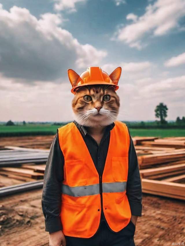 clouds,a cat,smooth,sharp focus,the most beautiful image ever seen,8k 4k sharp,ambient lighting,wallpaper,(work:1.3),solo,Holding tools in hand, pastoral, (hard hat:1.2), In thework site,building construction,Cheerfulness, realistic color palette,flat color,light smile, shotadom, orange