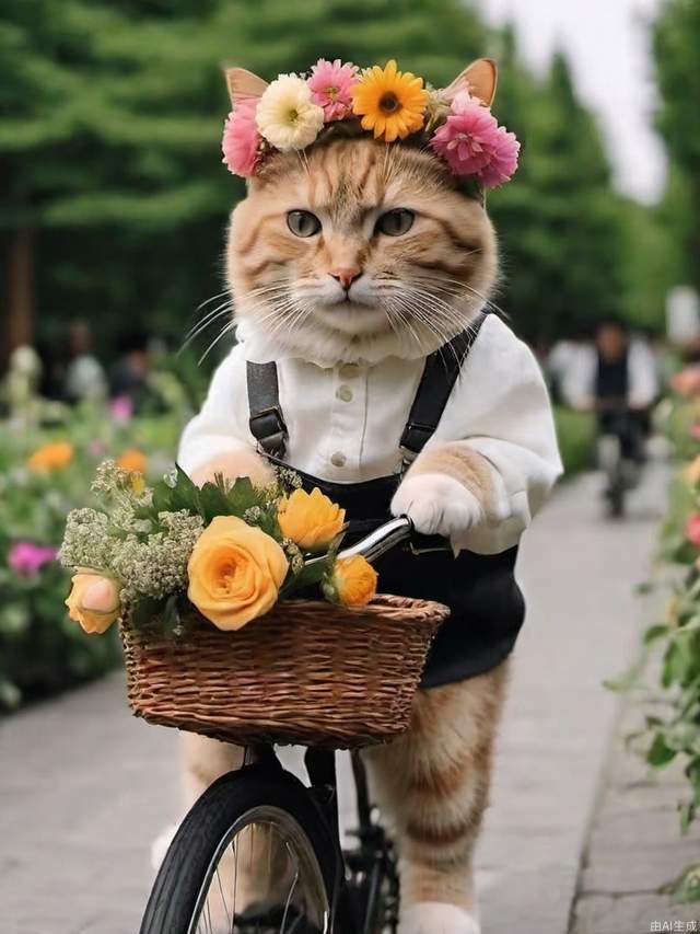 Little cat, wearing flowers on her head, riding a bicycle, smiling, side view, 8K high-definition