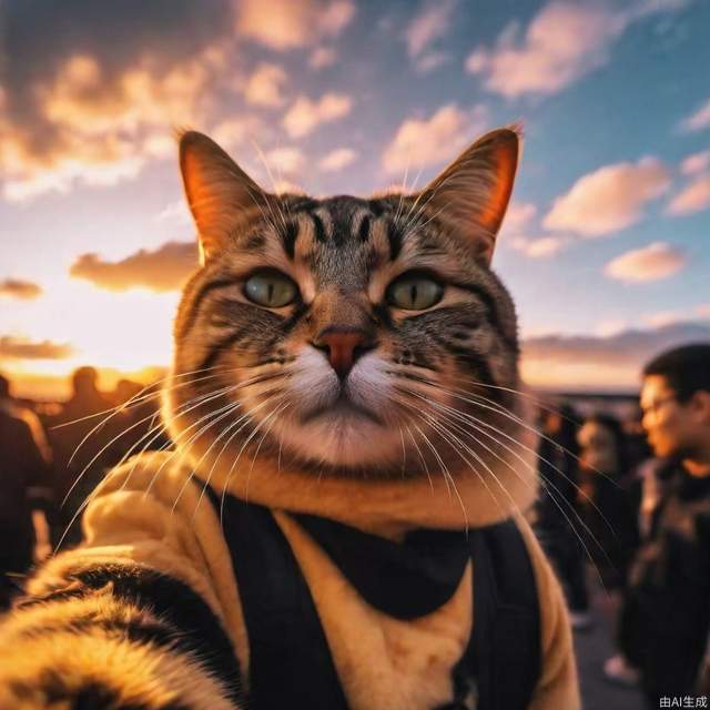 sunset clouds，a cat Self photography，smooth，sharp focus，the most beautiful image ever seen，8k 4k sharp，ambient lighting，wallpaper