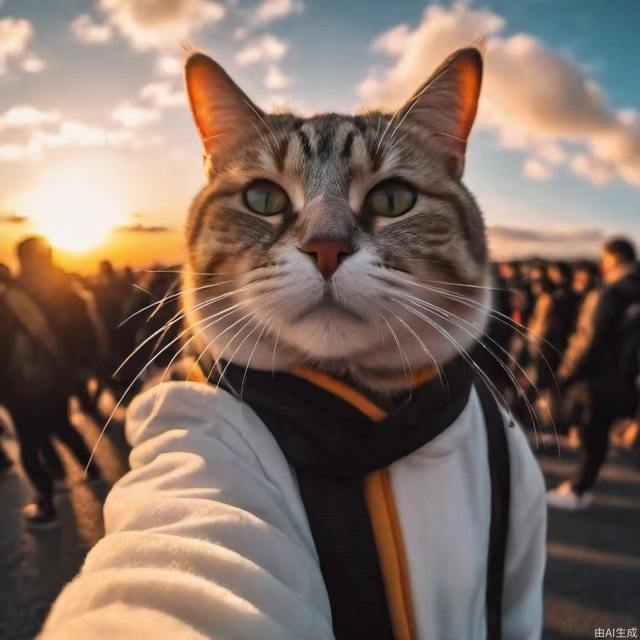 sunset clouds，a cat Self photography，smooth，sharp focus，the most beautiful image ever seen，8k 4k sharp，ambient lighting，wallpaper