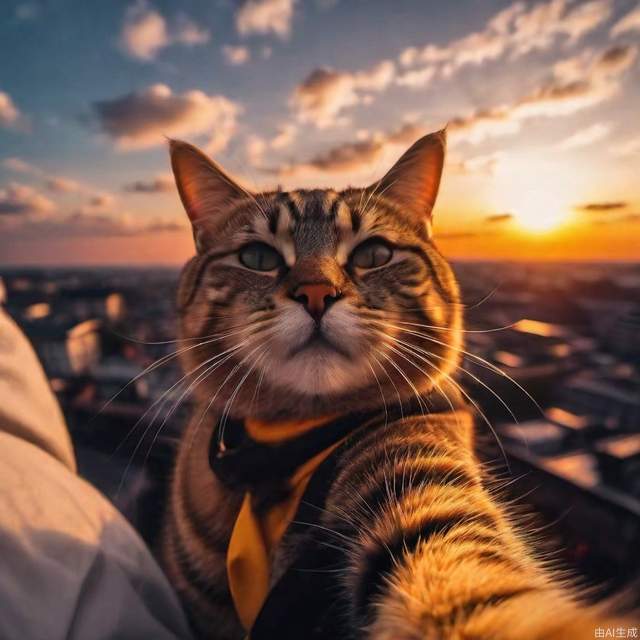 sunset clouds，a cat Self photography，smooth，sharp focus，the most beautiful image ever seen，8k 4k sharp，ambient lighting，wallpaper