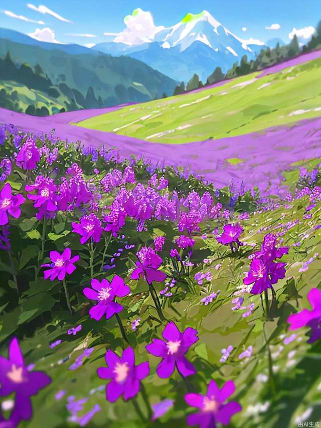 close-up of purple wildflowers growing on the hillside, clear mountains and beautiful waters，((best quality)), ((masterpiece)), (detailed)RAW photo, subject, 8k uhd, dslr, soft lighting, high quality, film grain, Fujifilm XT3
