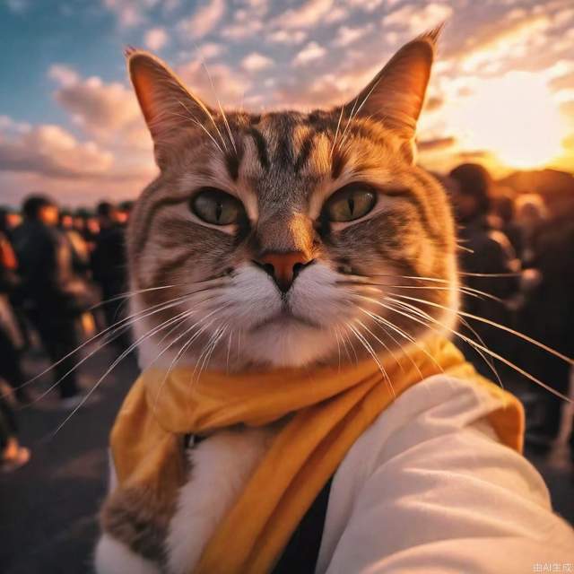 sunset clouds，a cat Self photography，smooth，sharp focus，the most beautiful image ever seen，8k 4k sharp，ambient lighting，wallpaper