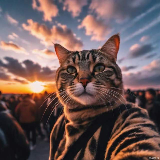 sunset clouds，a cat Self photography，smooth，sharp focus，the most beautiful image ever seen，8k 4k sharp，ambient lighting，wallpaper