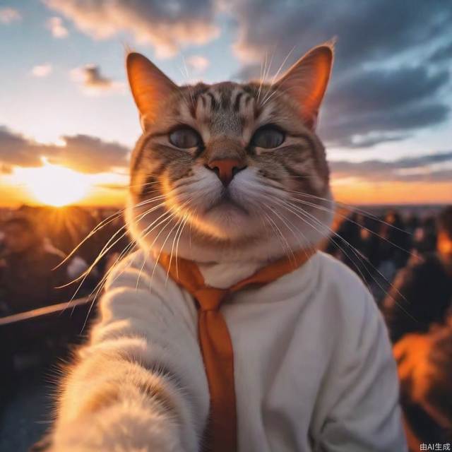 sunset clouds，a cat Self photography，smooth，sharp focus，the most beautiful image ever seen，8k 4k sharp，ambient lighting，wallpaper