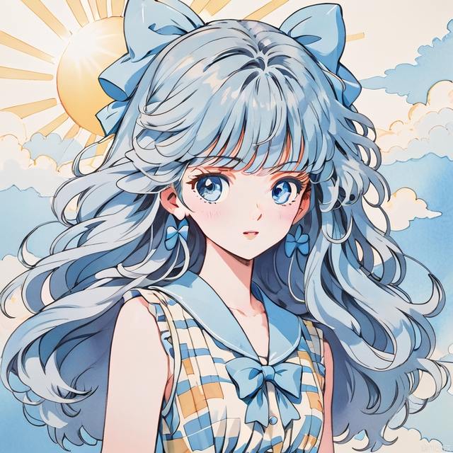 In the 1980s,Japanese old style Carton illustration ,watercolor，A cute girl with light blue long curly hair, wearing a large sky blue bow on her head,, blue eyes and Sleeveless dress, facing the camera, light blue and white style，facing the sun, with a clean and concise background，miixed patterns, text and emoji installations,  Weak contrast，