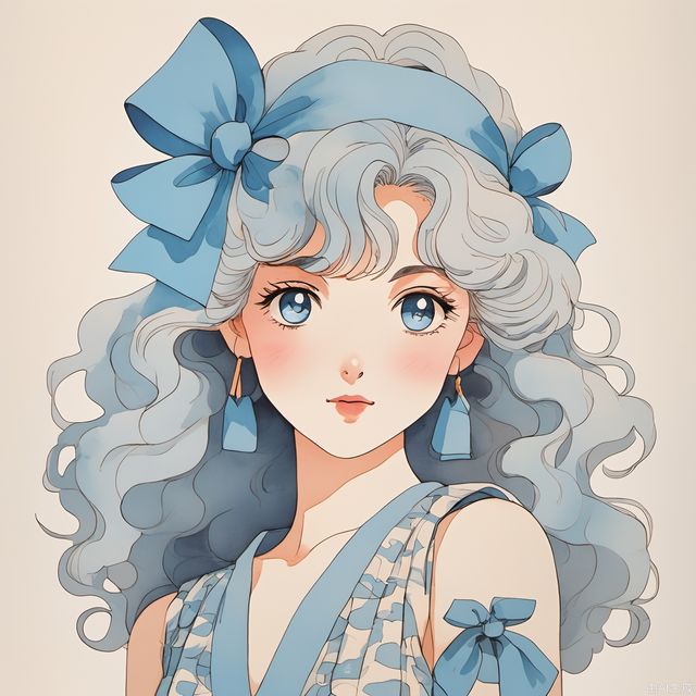 In the 1980s,Japanese old style Carton illustration ,watercolor，A cute girl with light blue long curly hair, wearing a large sky blue bow on her head,, blue eyes and Sleeveless dress, facing the camera, light blue and white style，facing the sun, with a clean and concise background，miixed patterns, text and emoji installations,  Weak contrast，