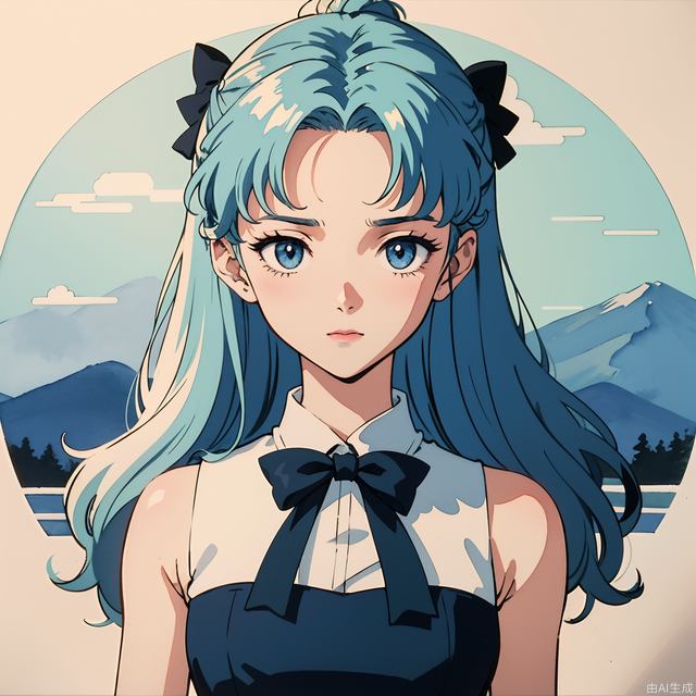 In the 1980s,Japanese old style Carton illustration ,watercolor，A cute girl with a light blue wavy hairstyle, wearing a soft blue bow on top of her head, blue eyes and Sleeveless dress, facing the camera, light blue and white style, with a clean and concise background，miixed patterns, text and emoji installations,  Weak contrast，