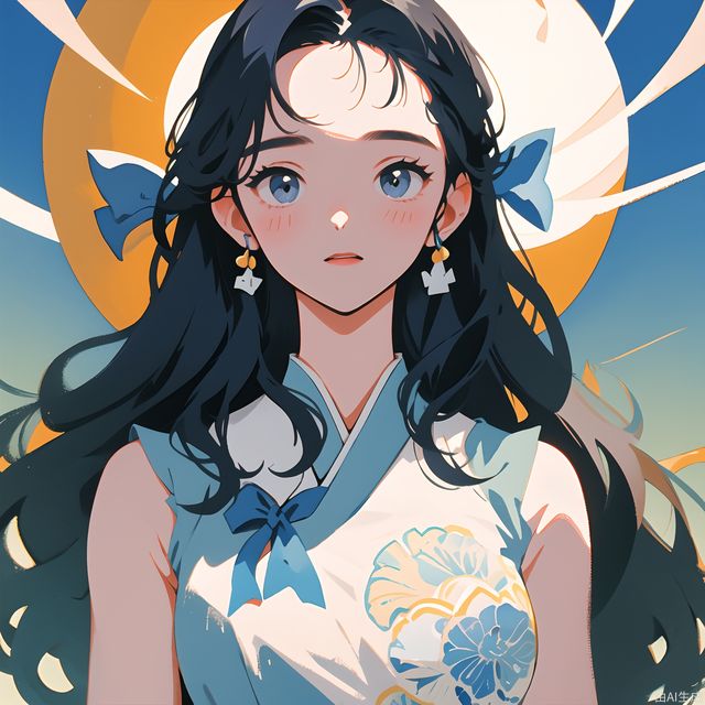 In the 1990s,Japanese old style Carton illustration ,watercolor，A cute girl with light blue long curly hair, wearing a large sky blue bow on her head,, blue eyes and Sleeveless dress, facing the camera, light blue and white style，facing the sun, with a clean and concise background，miixed patterns, text and emoji installations,  Weak contrast，