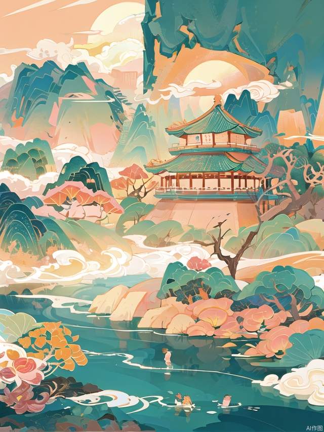 Chinese landscape painting, in the style of Cath Kidston, flat illustration, minimalism, pointillism, solid color,nobody,Red, beige,Pavilions, lakes, peach blossoms, landscapes, clouds