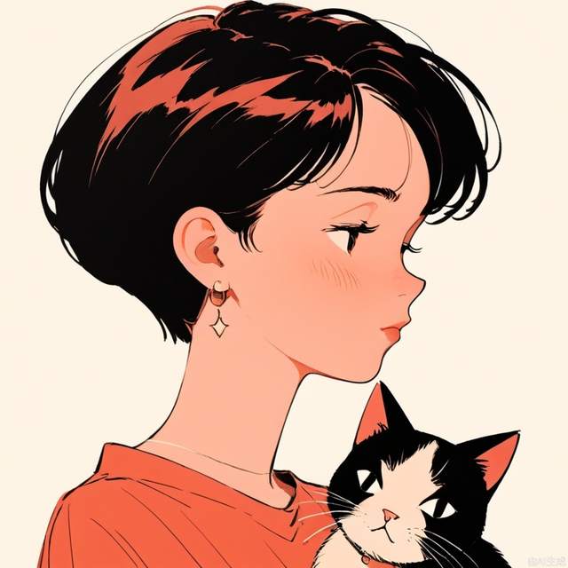 Minimalist aesthetics, graphic illustration,headshot， A cartoon illustration of a girl with short hair in her ears, side face, closed eyes, wearing large earrings, holding a cat, graphic illustration, Disney animation