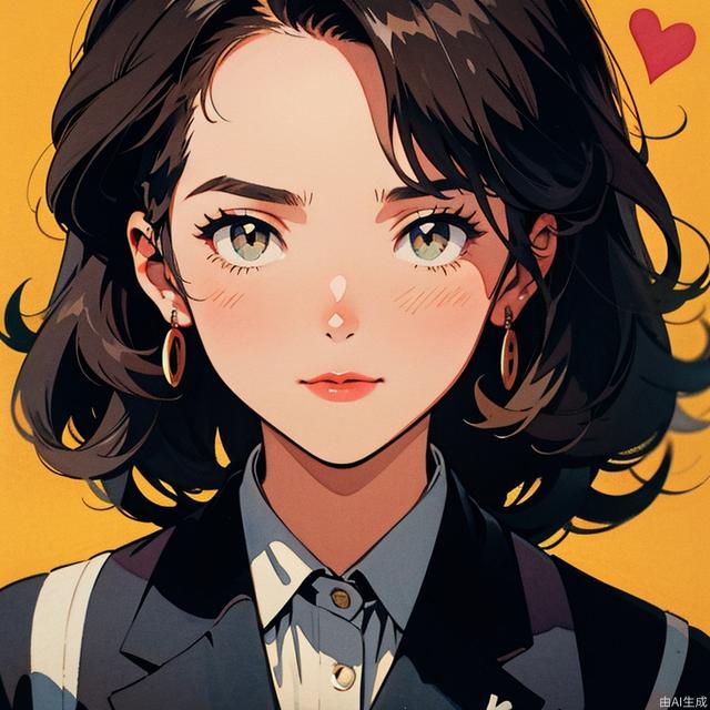 In the 1980s,Japanese old style Carton illustration ,watercolor，close up, a brown-haired girl wearing a retro trend suit jacket, long curly hair, the background is various newspapers and covers, vintage, in the style of grunge, japanese style，miixed patterns, text and emoji installations,  Weak contrast，