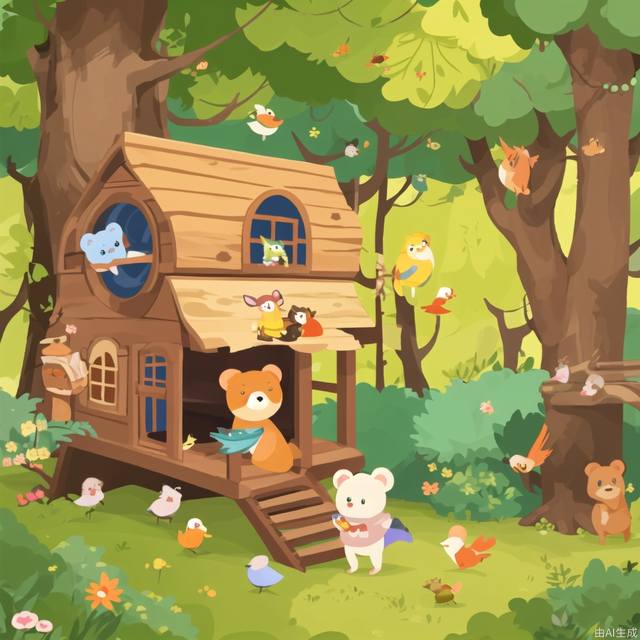 The little bear walked in the beautiful forest and was welcomed by the birds and other small animals in the forest. This screen can show children a harmonious natural environment, allowing them to feel the beauty of nature and the friendliness of animals.