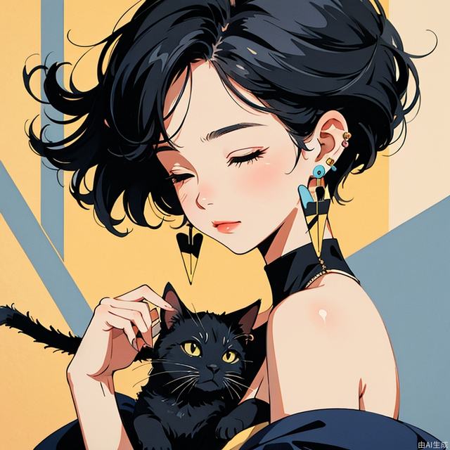 A girl with short hair, side face, closed eyes, wearing large earrings, holding a cat, minimalist, and an abstract and simple background of blue and yellow, illustration