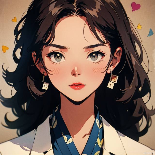 In the 1980s,Japanese old style Carton illustration ,watercolor，close up, a brown-haired girl wearing a retro trend suit jacket, long curly hair, the background is various newspapers and covers, vintage, in the style of grunge, japanese style，miixed patterns, text and emoji installations,  Weak contrast，