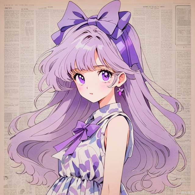 In the 1980s,Japanese old style Carton illustration ,watercolor，A cute girl with light purple long hair, wearing a large sky purple bow on her head,, purple eyes and Sleeveless dress,  light purple and white style, with a clean and concise background，miixed patterns, text and emoji installations,  Weak contrast，portrait, stand in front of a wall of old newspaper