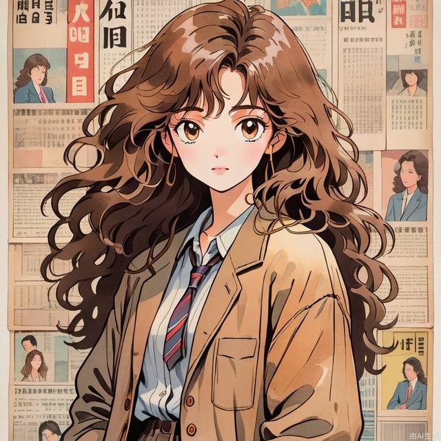 In the 1980s,Japanese old style Carton illustration ,watercolor，close up, a brown-haired girl wearing a retro trend suit jacket, long curly hair, the background is various newspapers and covers, vintage, in the style of grunge, japanese style，miixed patterns, text and emoji installations,  Weak contrast，
