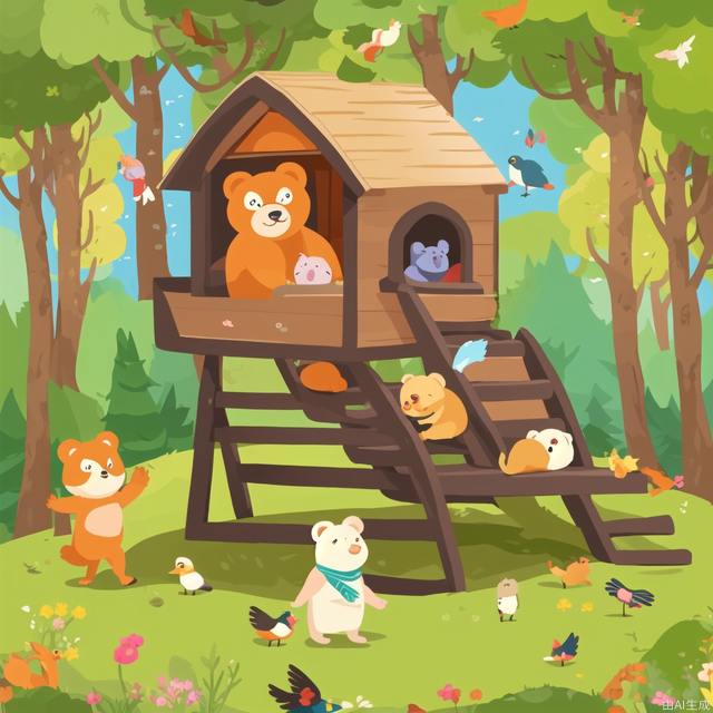 The little bear walked in the beautiful forest and was welcomed by the birds and other small animals in the forest. This screen can show children a harmonious natural environment, allowing them to feel the beauty of nature and the friendliness of animals.