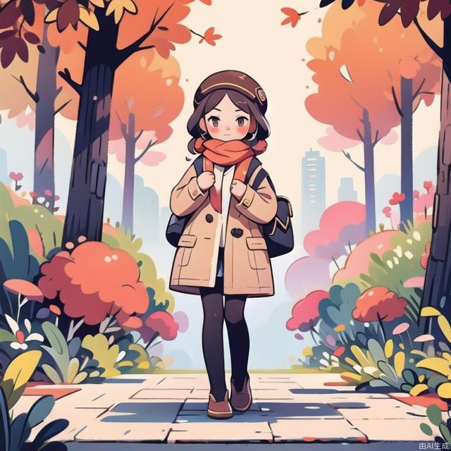 1girl, hat, scarf, tree, nature, coat, autumn, pantyhose