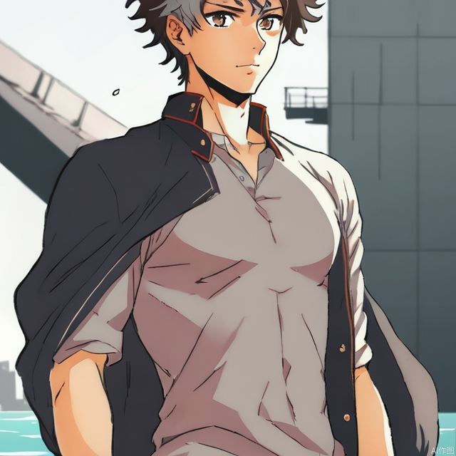 1 boy, handsome, float hair，Dark brown large back head, grey eyes,American manga style