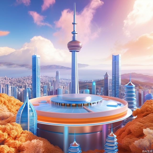 futuristic city with sky tower flying over it,in the style of vibrant stage backdrops,group f/64,miki asai,money themed,circular shapes,Persian orange and Chinese res,ue5,c4d,blender,ocrendering,