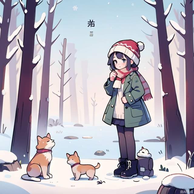1girl, hat, scarf, tree, nature, coat, winter, pantyhose