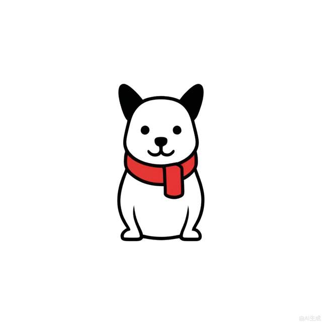 a black and white image of a Dog with a red scarf on its head, in the style of minimalistic japanese, colorful animations, logo, tupinipunk, soft and rounded forms, rinpa school, flat shapes