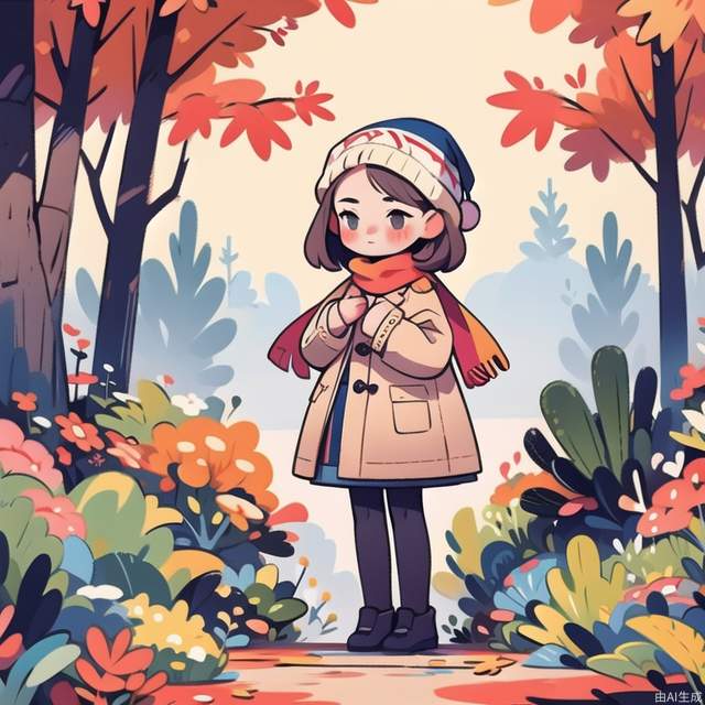1girl, hat, scarf, tree, nature, coat, autumn, pantyhose