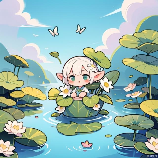 bug, butterfly, flower, no humans, day, sky, water, outdoors, white flower, leaf, lotus, cute elf