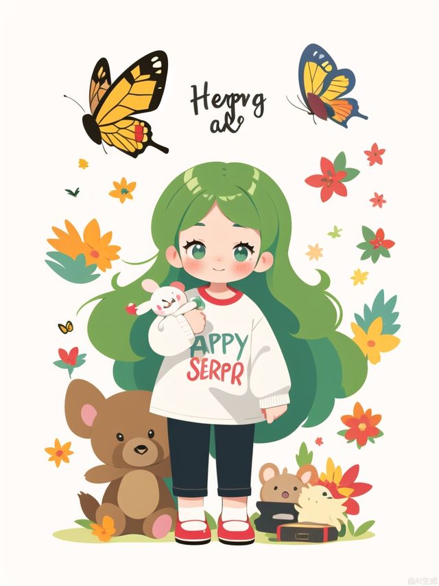 tongxin,flower,solo,smile,stuffed toy,bug,1girl,green hair,red footwear,pants,stuffed animal,white background,holding,holding stuffed toy,blush,child,butterfly,shirt,standing,animal,long sleeves,