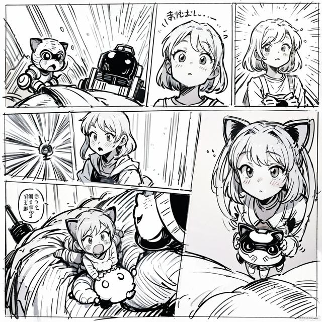 (masterpiece, best quality:1.3), a little girl and a robot cat, dialogue, line art,comic,border,koma, text bubble,