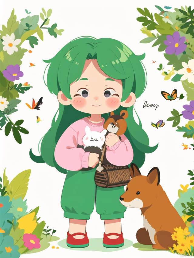 tongxin,flower,solo,smile,stuffed toy,bug,1girl,green hair,red footwear,pants,stuffed animal,white background,holding,holding stuffed toy,blush,child,butterfly,shirt,standing,animal,long sleeves,