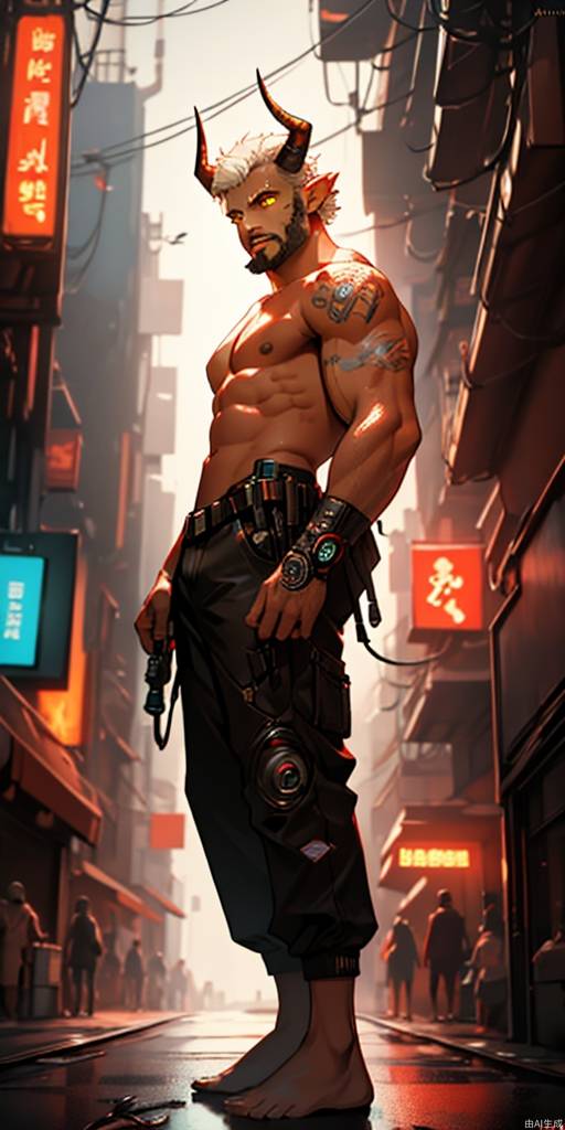 masterpiece,best quality,highres,4k,1man,oniNFT,full body,facial hair, front view,male focus,short hair,neon background,cyberpunk,barefoot ,oni horns,topless male, yellow eyes, bell,muscular male,volume light,depth of field,  