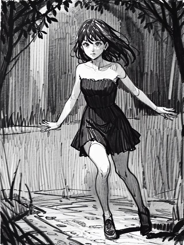best quality, masterpiece, sketch，monochrome, traditional media, Pencil drawing, 1girl, strapless dress, running in the garden, floral background, <lora:Sketch_offcolor:1>